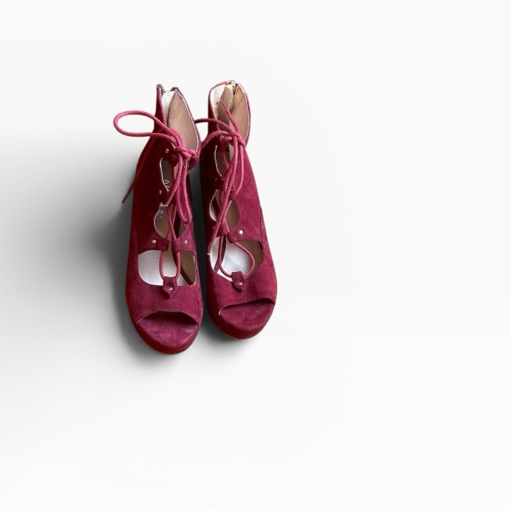 J/Slides burgundy suede lace-up wedge bootie with gold zipper back closure Sz 7